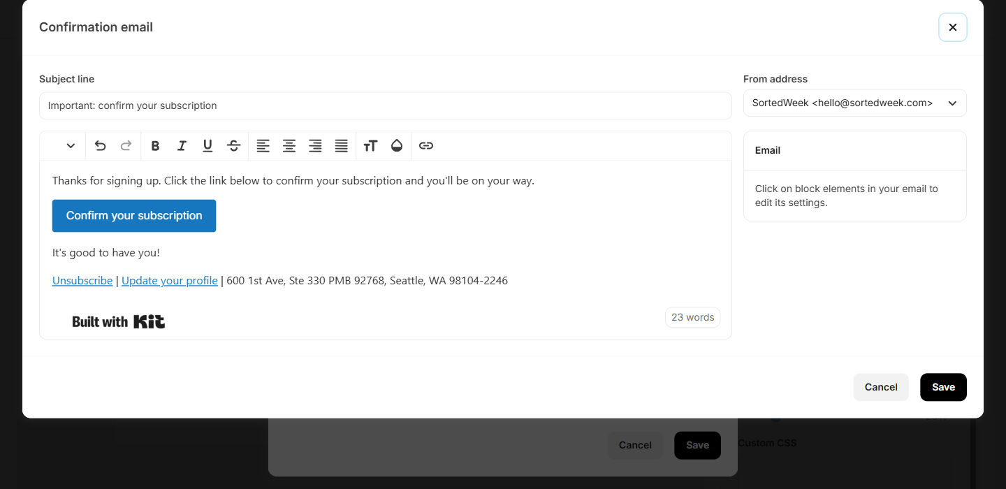 The confirmation email editor, with our custom from address